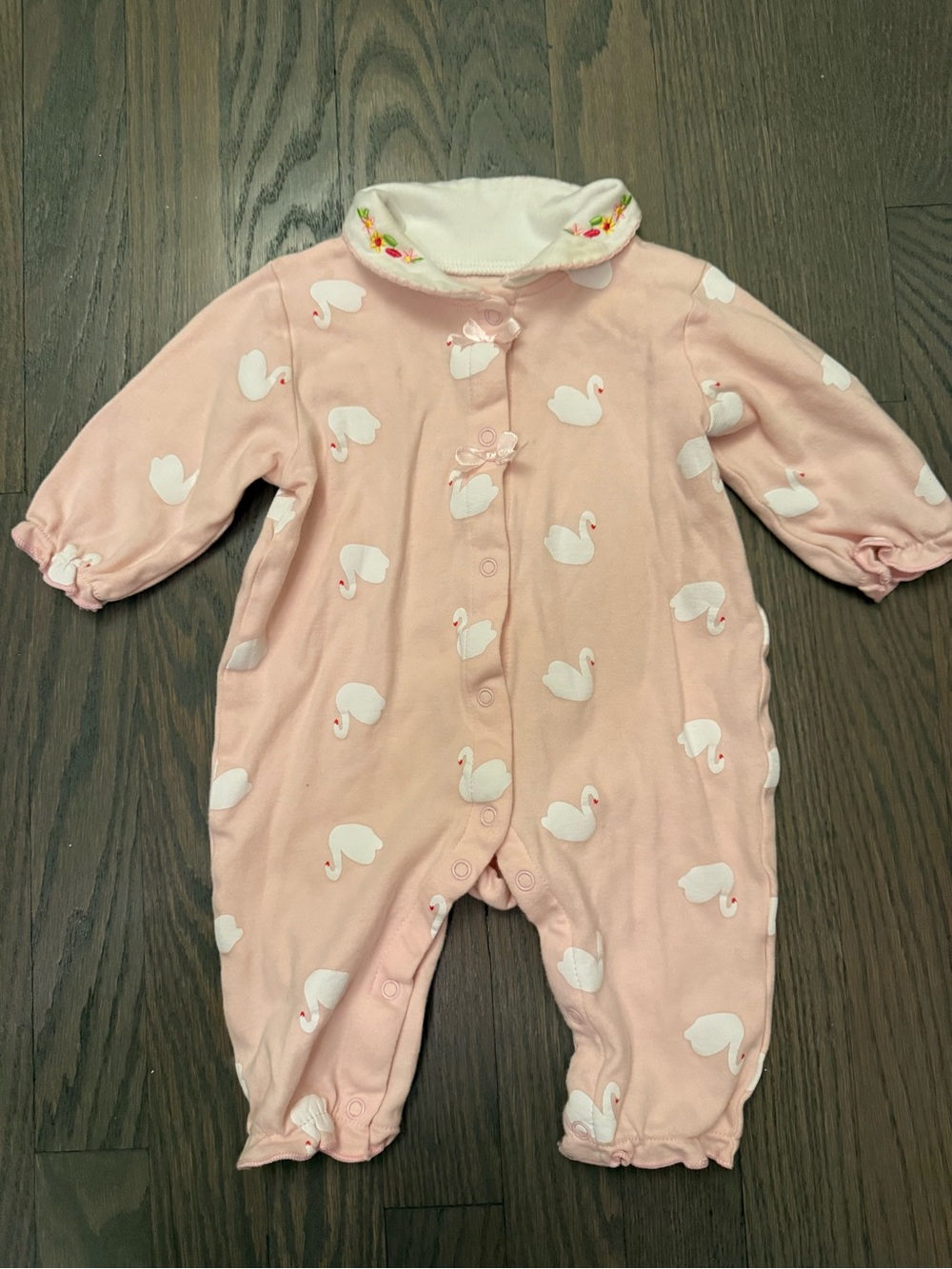 Baby Girl Pink Swan Print Footless Sleeper Romper 6 Months Embroidered Collar